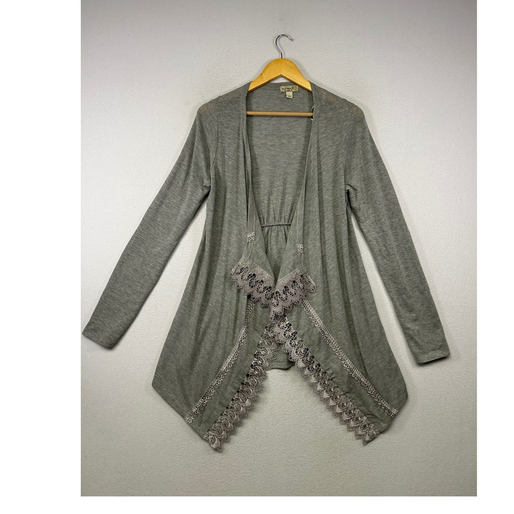 Boho One World Womens Med Gray Lace Trim Open Front Waterfall Cardigan Sweater